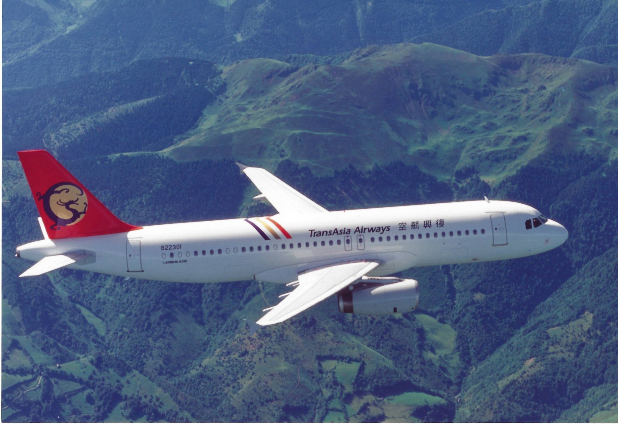 A320 in Transasia colours. July Photo 1992- Airbus Industrie LOW