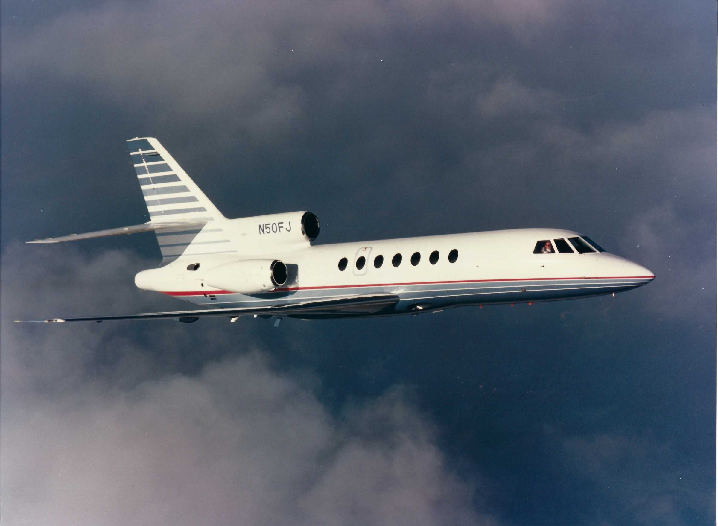 Falcon 50 is a three engine long range business jet designed for 8 - 12 passangers. Photo - Dassault Aviation low