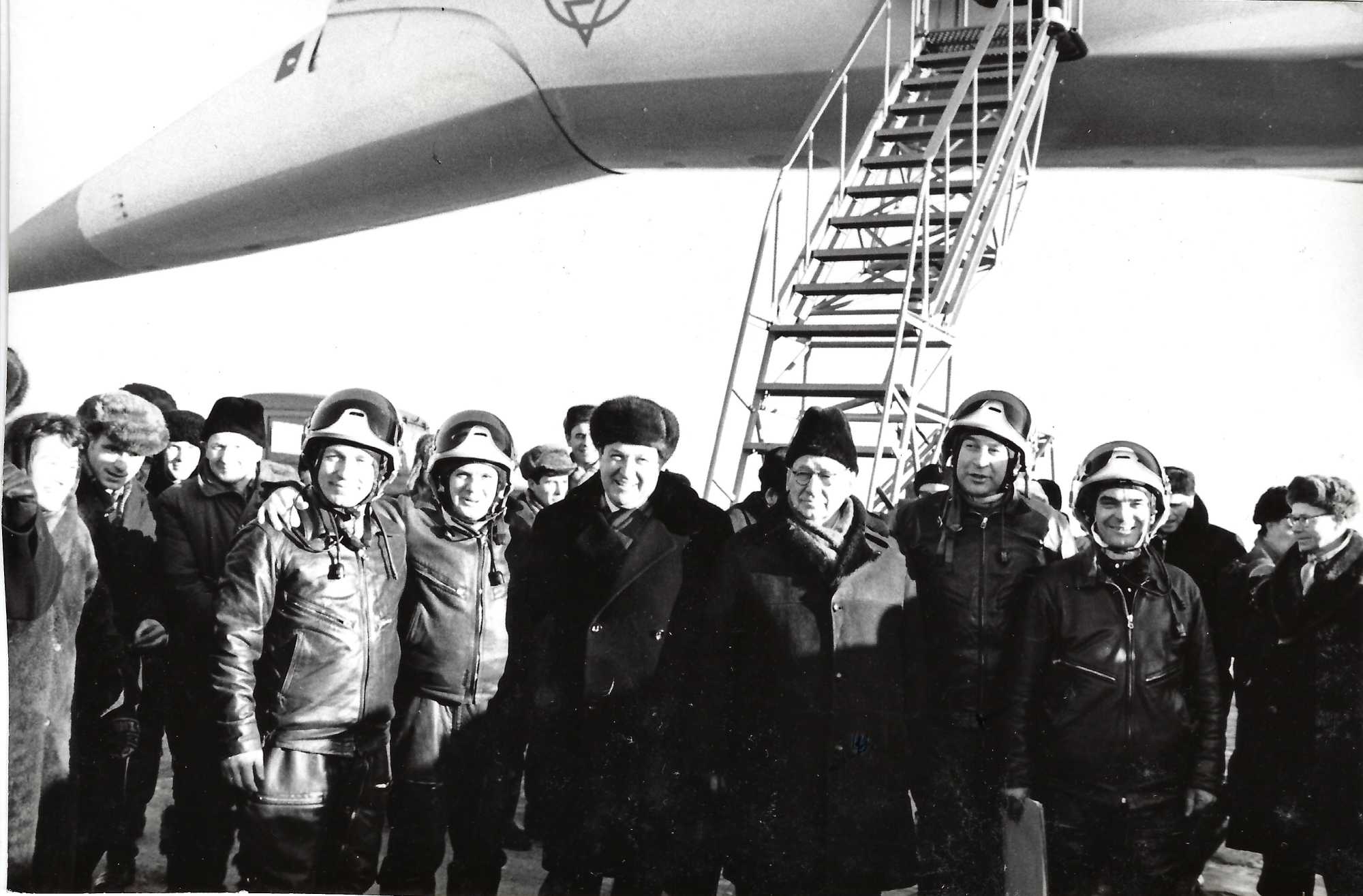 General designer Andrei Nikolayevich Tupolev and his son Alexei Andreyevich Tupolev, chief designer of Tu-144, with crew members of Tu-144. Photo - L. Polikashin