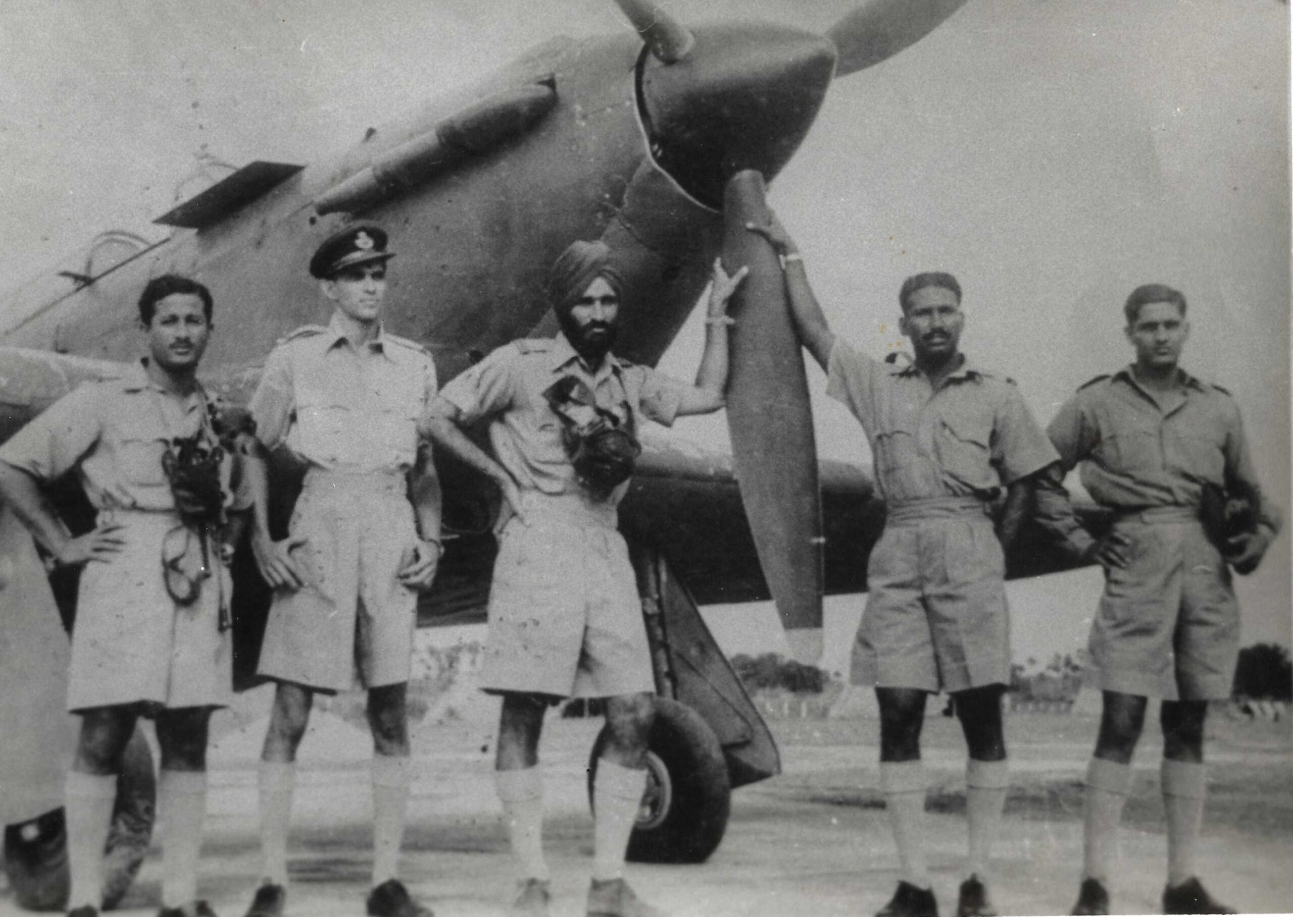 Hurricane at Trichupalli 1942. L2R Ibrahim, Ratnagar, Arjan Singh, Satyamthor and Muneet low